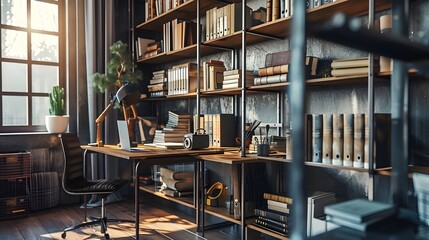 Cozy Home Office with Bookshelves and Desk