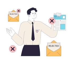 Transgender man searching for a job. Transphobia in employment. Upset candidate encounters job application rejections. Flat vector illustration.