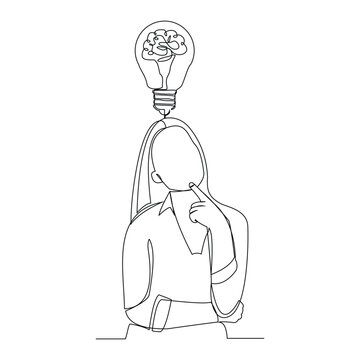 recommend clip art: Continuous Single line sketch drawing of thinking woman and brain bulb idea. One line art of business woman thinking idea vector illustration