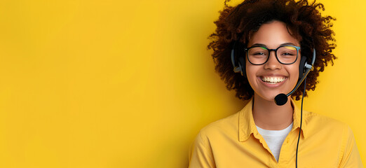 Smiling young woman in a yellow shirt with headset, customer support. Copy space, banner