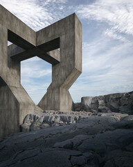 Concrete building by the cliff with space for car park. 3d rendering of abstract architecture.