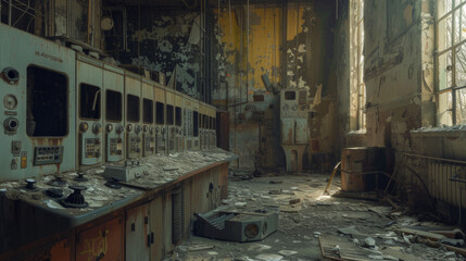 a apocalyptic photo view on the chernobyl nuclear power plant after the catastrophe in 1986 in the ukraine ussr. old soviet ruins - obrazy, fototapety, plakaty