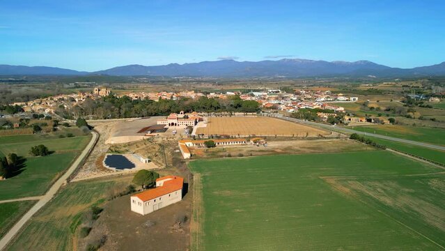 Peralada beautiful medieval town with an important wine cellar and a large castle, aerial images in Perelada