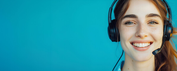 Radiant young support representative with headset, turquoise aura. Copy space, banner