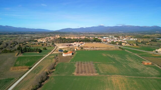 Peralada beautiful medieval town with an important wine cellar and a large castle, aerial images in Perelada