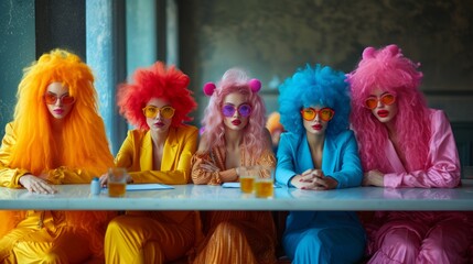 Women in colorful wig sitting at the table in the cafe, like clowns.