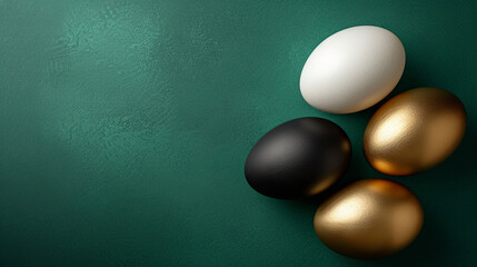 White, two gold, black easter eggs on the emerald background. spring holiday time, greeting card