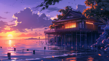 Obraz premium a beautiful japanese house at sea water in the late evening. anime cartoonish artstyle. cozy lofi asian architecture. sunrise in the morning