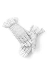 Close-up photo of a pair of short white lace fingerless gloves. Mittens isolated on white background. Front view