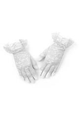 Close-up photo of a pair of short white lace fingerless gloves. Mittens isolated on white background. Front view