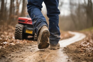 Close up of a man's foot walking on a muddy country road