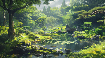 a beautiful japanese landscape scenic view in a green forest with plants and trees. anime comic manga artstyle. wallpaper background