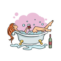 Woman having bath in bathtub with  wine glass and bubble. Girl relaxing in shampoo soap taking shower. Body care hygiene, healthy lifestyle.