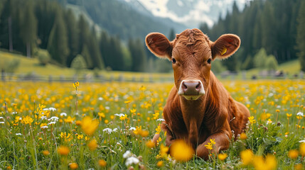 Cow on the mountains and spring meadow background
