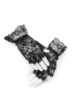 Close-up photo of a pair of short black lace fingerless gloves. Mittens isolated on white background. Front view