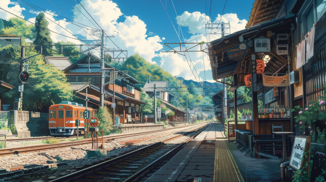 a beautiful japanese village city town in the morning. railway station with shop. anime comics artstyle. cozy lofi asian architecture