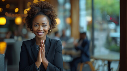 Portrait of smiling african american businesswoman with folded hands in cafe.