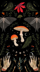 forest mushroom illustration on dark background. fly agaric and grebe. magical elements. ideal for printing on a calendar, fabric, postcard and design	
