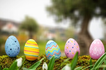 Colorful Easter Eggs on Spring Background