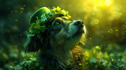 Obraz premium A dog in a green leprechaun hat. Happy Saint Patrick's Day
