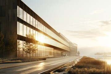 Fototapeta premium A road running in front of a big building with sun light shining on it.