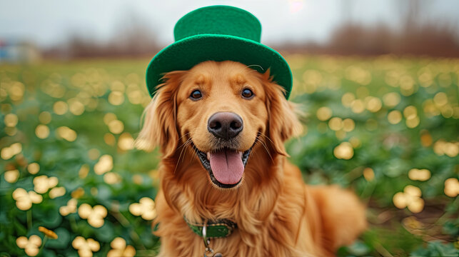 A retriever dog in a green leprechaun hat. Happy Saint Patrick's Day
