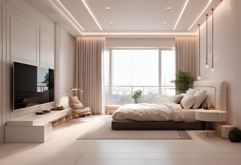 Fototapeta premium Interior of a bright bedroom in a skyscraper. Room with large panoramic windows