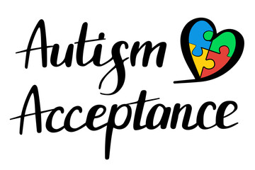 Autism acceptance lettering design vector isolated. Colorful design element for poster. Handwritten font, autistic disorder. Autism awareness day in April, puzzle pieces as a symbol of disease
