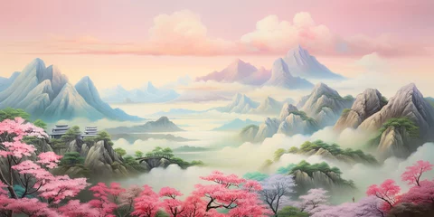 Foto op Plexiglas Sakura blossom and mountain misty forest. Cherry blossom trees landscape watercolor painting. © Rassamee