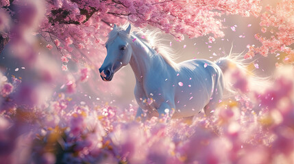 white horse on the sakura blossom background, spring time