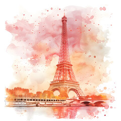 Fototapeta na wymiar Watercolor Eiffel Tower with roses and paint splatter 