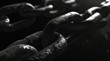 Closeup strong metal chain on a black background - obrazy, fototapety, plakaty