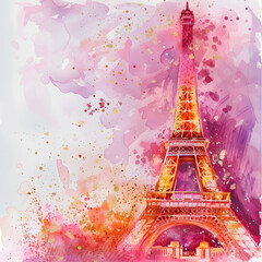Fototapeta na wymiar Watercolor Eiffel Tower with roses and paint splatter 