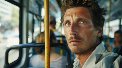 a close-up face handsome white american model passenger man driving a public transport bus tram on the street. people in the background. sitting on a seat. driving to bus station - obrazy, fototapety, plakaty