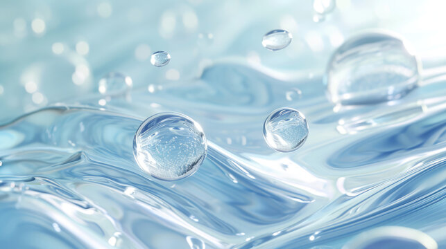 Hyaluronic acid molecules background. Water with bubbles, moisturiser, liquid, serum or toner banner. Hyaluron acids in chemical laboratory, beauty and cosmetics