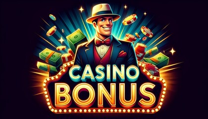 Illustration of man celebrating a win at online casino bonus.
