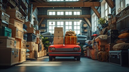 Vintage Toy Car with Gift Boxes, miniature vintage car laden with colorful gift boxes, surrounded by a nostalgic collection of suitcases, evoking the joy of gift-giving and the spirit of adventure