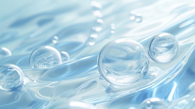 Hyaluronic acid molecules background. Water with bubbles, moisturiser, liquid, serum or toner banner. Hyaluron acids in chemical laboratory, beauty and cosmetics