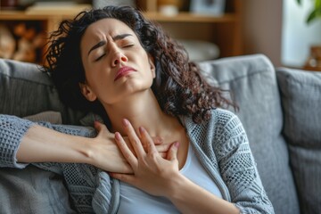 Woman experiencing heart, asthma, or panic attack at home.