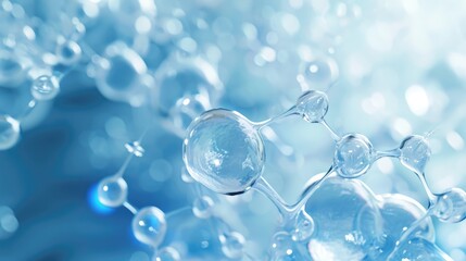 Fototapeta premium Hyaluronic acid molecules background. Water with bubbles, moisturiser, liquid, serum or toner banner. Hyaluron acids in chemical laboratory, beauty and cosmetics