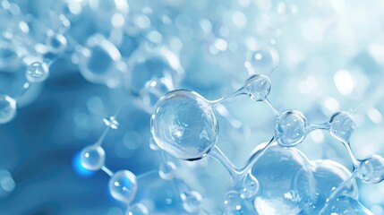 Hyaluronic acid molecules background. Water with bubbles, moisturiser, liquid, serum or toner banner. Hyaluron acids in chemical laboratory, beauty and cosmetics