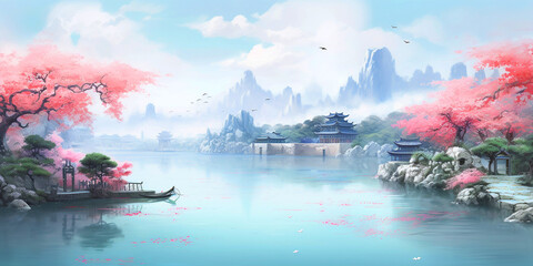 Japanese landscape Cherry blossom branches, mountains, rivers, castles, countryside, watercolor...