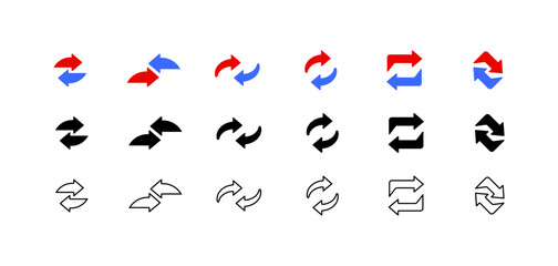Set of arrow icons. Buttons for updating and changing icons. Flat, silhouette and linear style. Vector icons