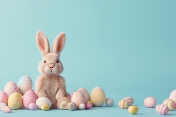 Cute Easter bunny with bright Easter eggs on a background. Easter background with Copy space