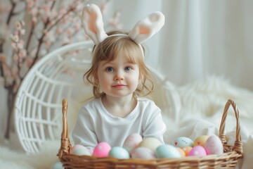 Cute 3 year old girl with Easter ears and a basket with Easter eggs pink, yellow, blue, green on a light background.