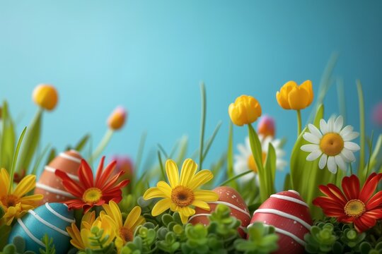 Red and blue Easter eggs and spring flowers daisies on a soft blue background. Easter background