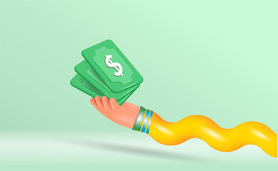 A 3D cartoon hand holds dollar bills. The concept of financial transactions,
 payment in cash. Monetary investments and commerce in business. Vector 3D illustration