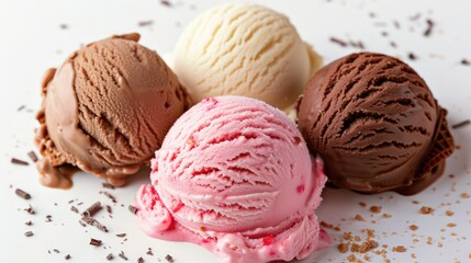 Chocolate ice cream strawberry ice cream vanilla ice cream scoop with cone isolated on white background.