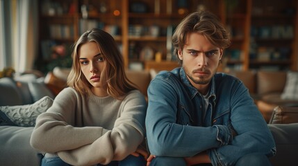 Tense Couple in a Disagreement,  young couple sits back-to-back on a couch, their expressions tense and troubled, as they navigate a challenging moment in their relationship - obrazy, fototapety, plakaty
