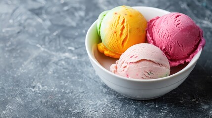 Colorful ive cream scoops in white bowl, copy space